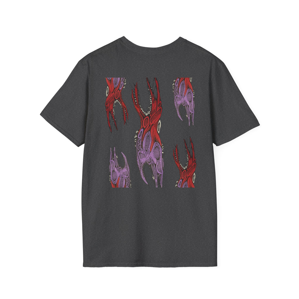 Skull Hands Graphic T-Shirt — Red & Purple Horror Art Tee