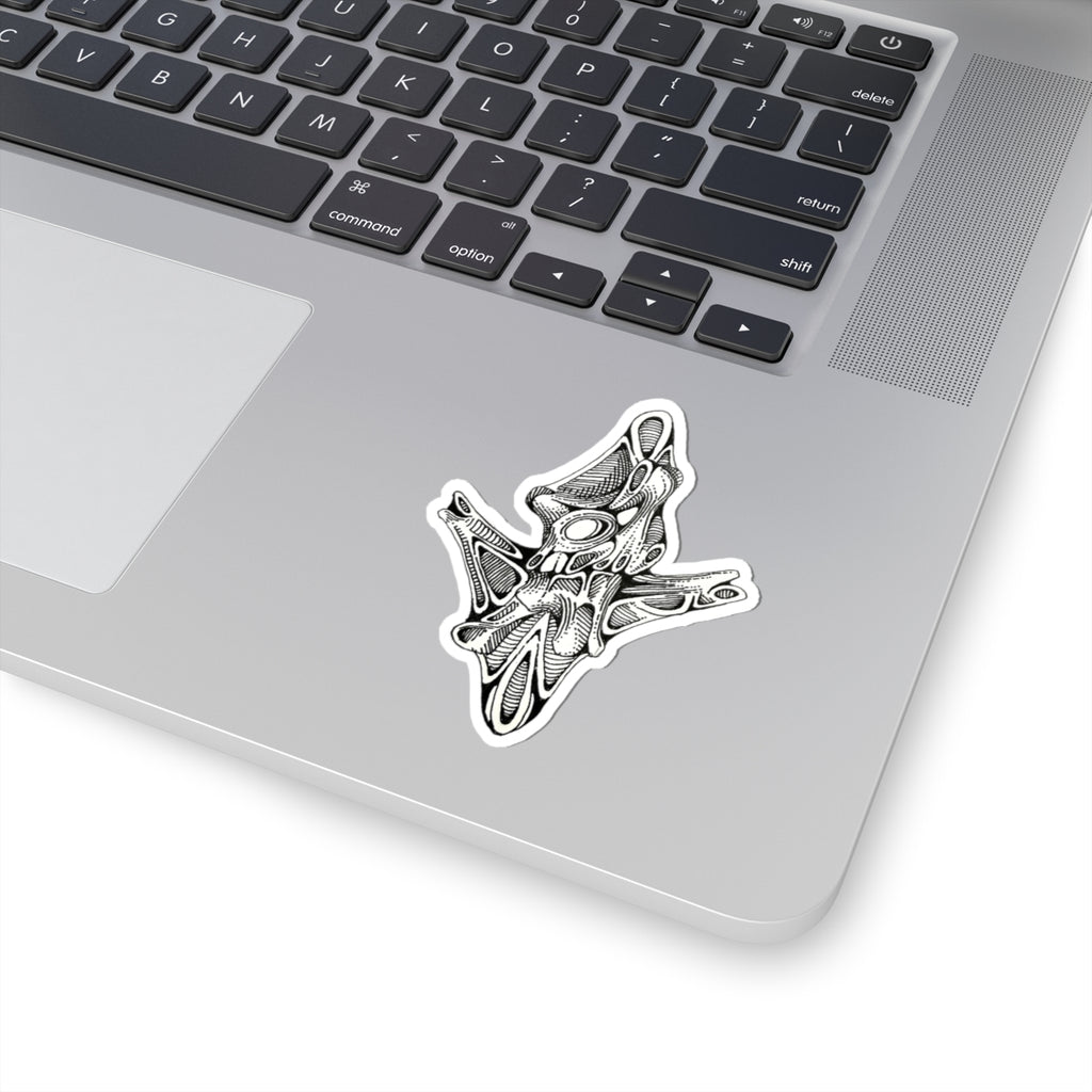 Abstract Monochrome Alien Skull Kiss-Cut Sticker — Surreal Linework Laptop Decal