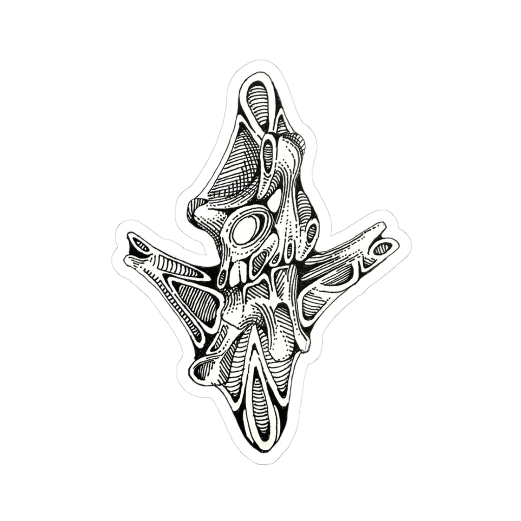 Abstract Monochrome Alien Skull Kiss-Cut Sticker — Surreal Linework Laptop Decal