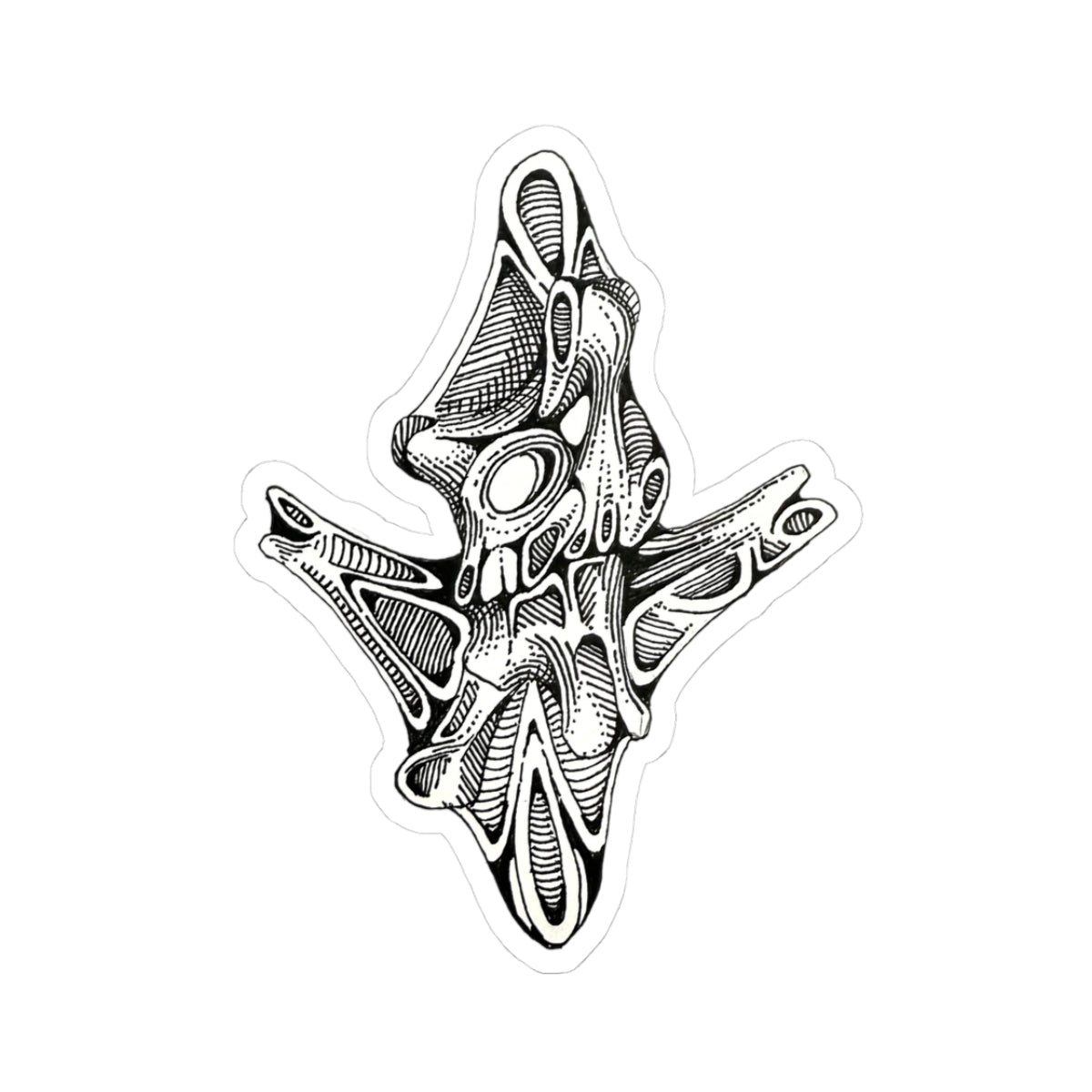 Abstract Monochrome Alien Skull Kiss-Cut Sticker — Surreal Linework Laptop Decal