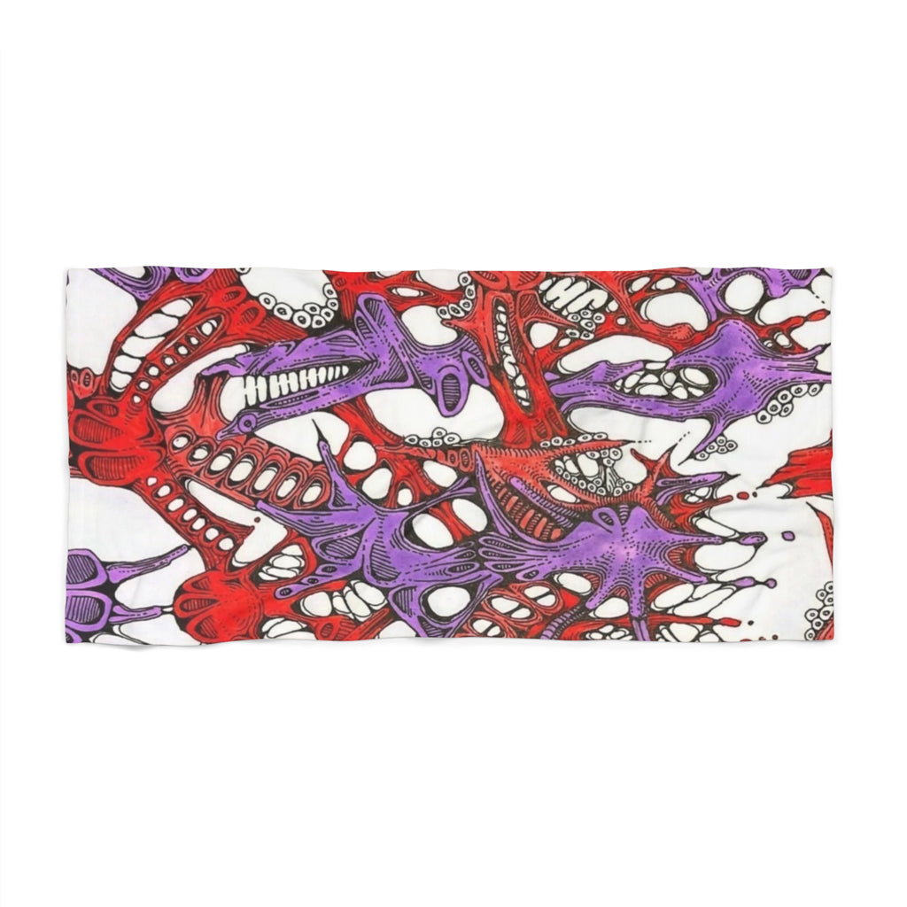 Abstract Red & Purple Coral Beach Towel — Tropical Seaweed Art Print