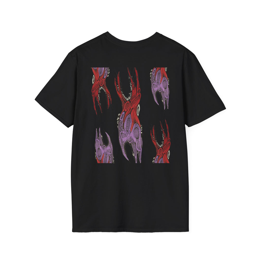 Skull Hands Graphic T-Shirt — Red & Purple Horror Art Tee