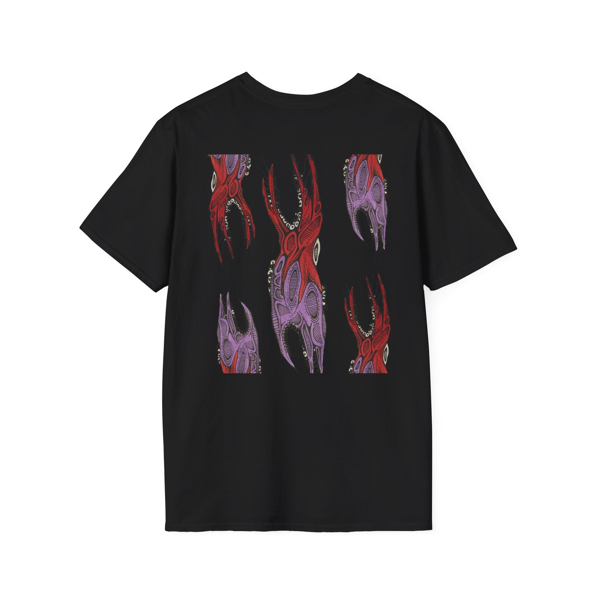 Skull Hands Graphic T-Shirt — Red & Purple Horror Art Tee