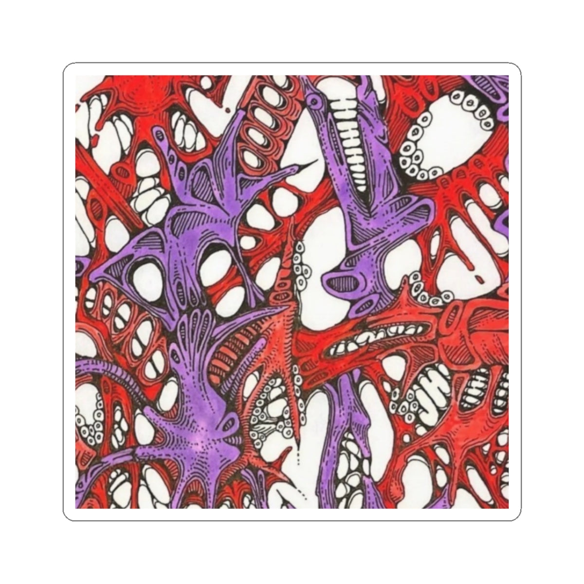 Abstract Organic Pattern Kiss-Cut Sticker — Red & Purple Cellular Design