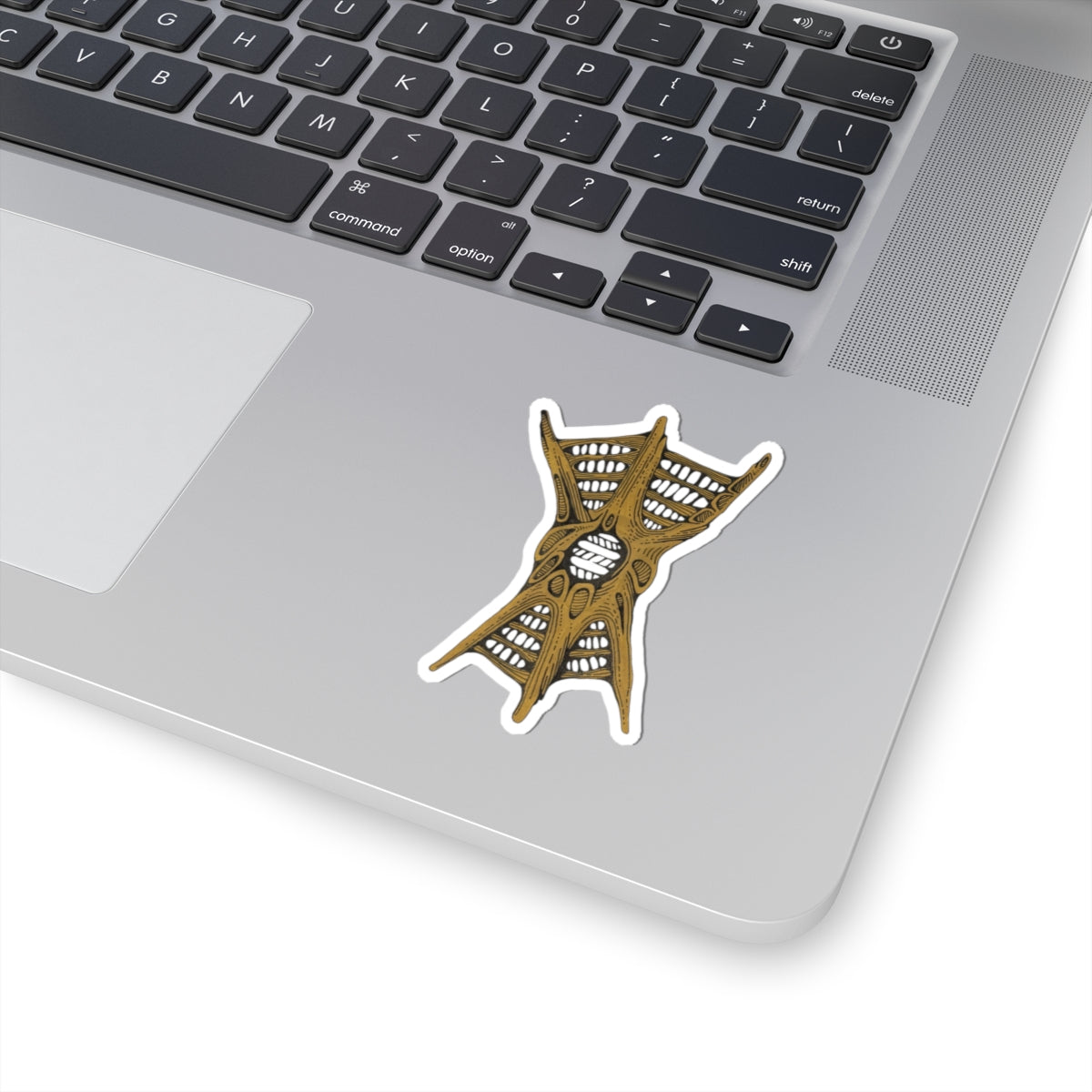 Golden Web Organism Sticker — Intricate Biomech Kiss-Cut Decal for Laptops & Journals