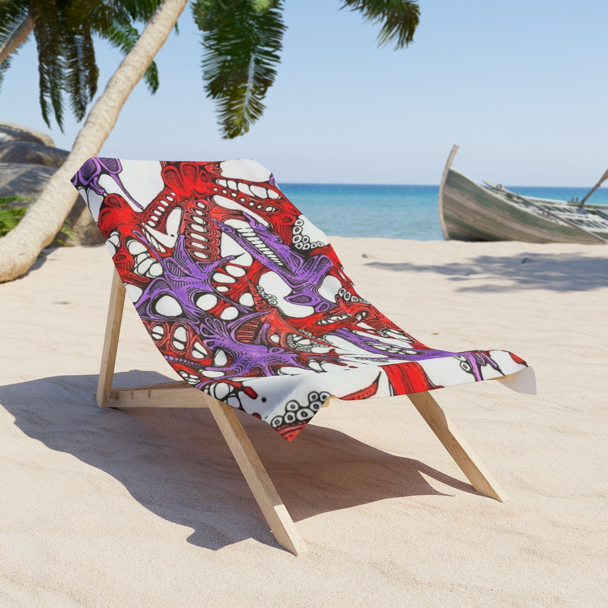 Abstract Red & Purple Coral Beach Towel — Tropical Seaweed Art Print