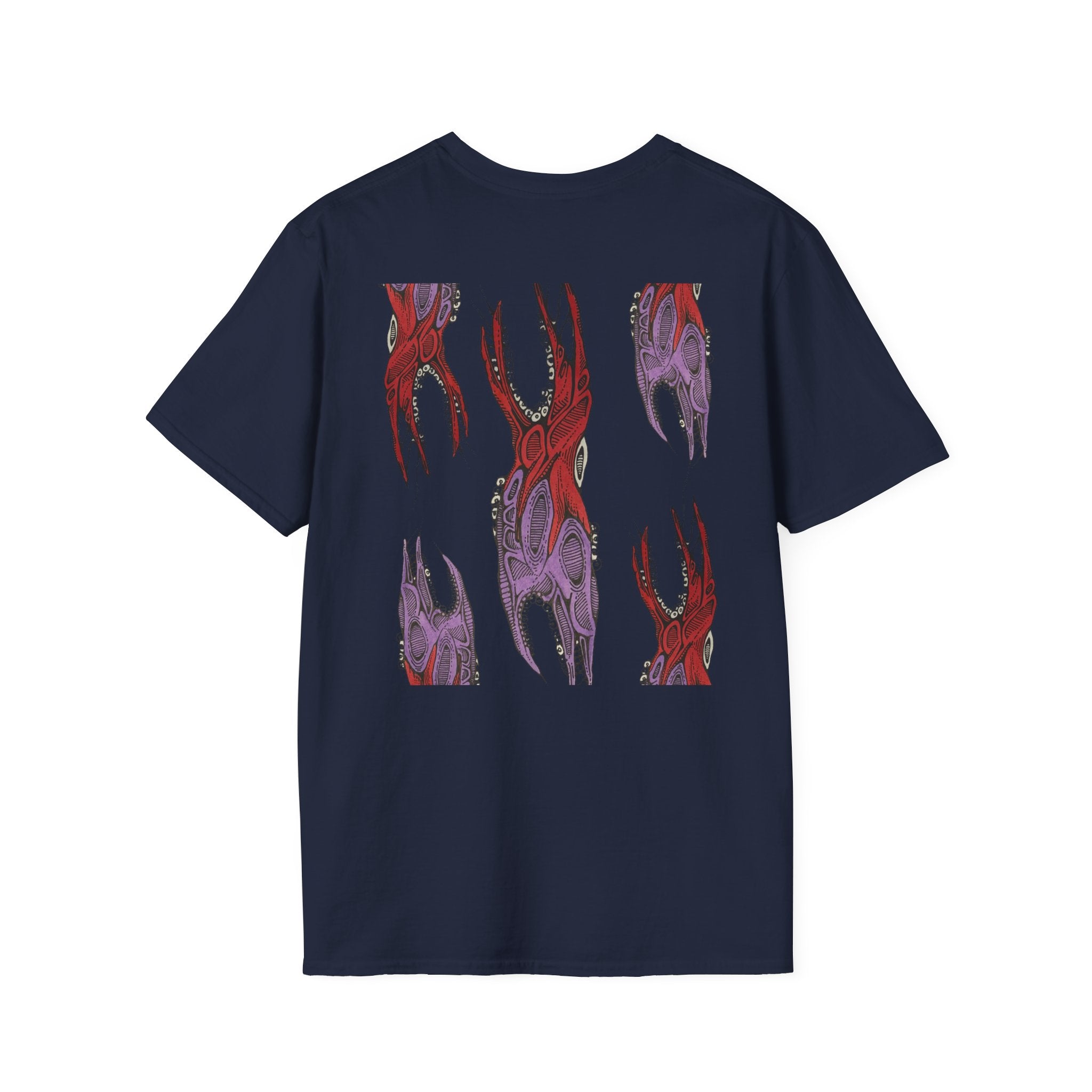 Skull Hands Graphic T-Shirt — Red & Purple Horror Art Tee