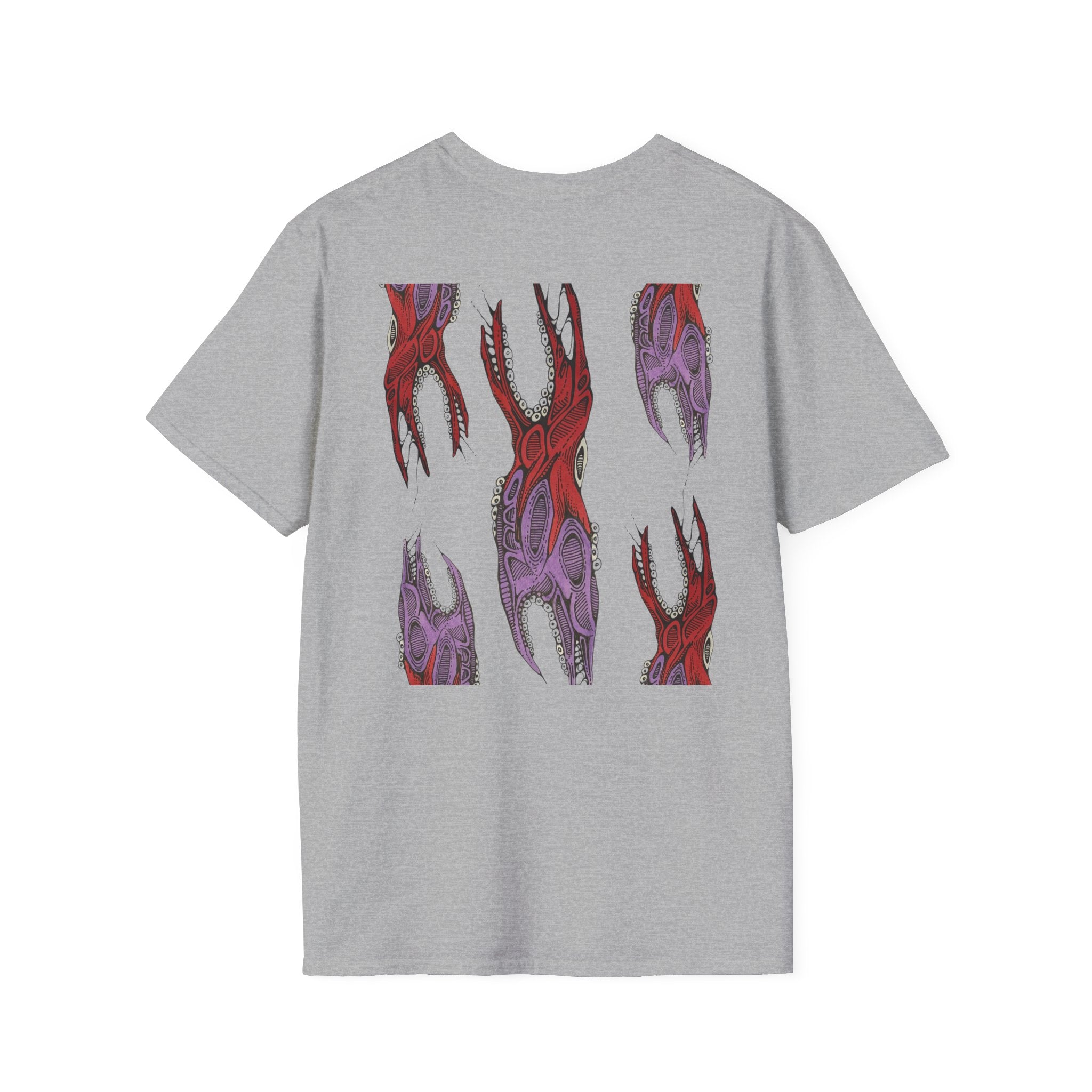 Skull Hands Graphic T-Shirt — Red & Purple Horror Art Tee