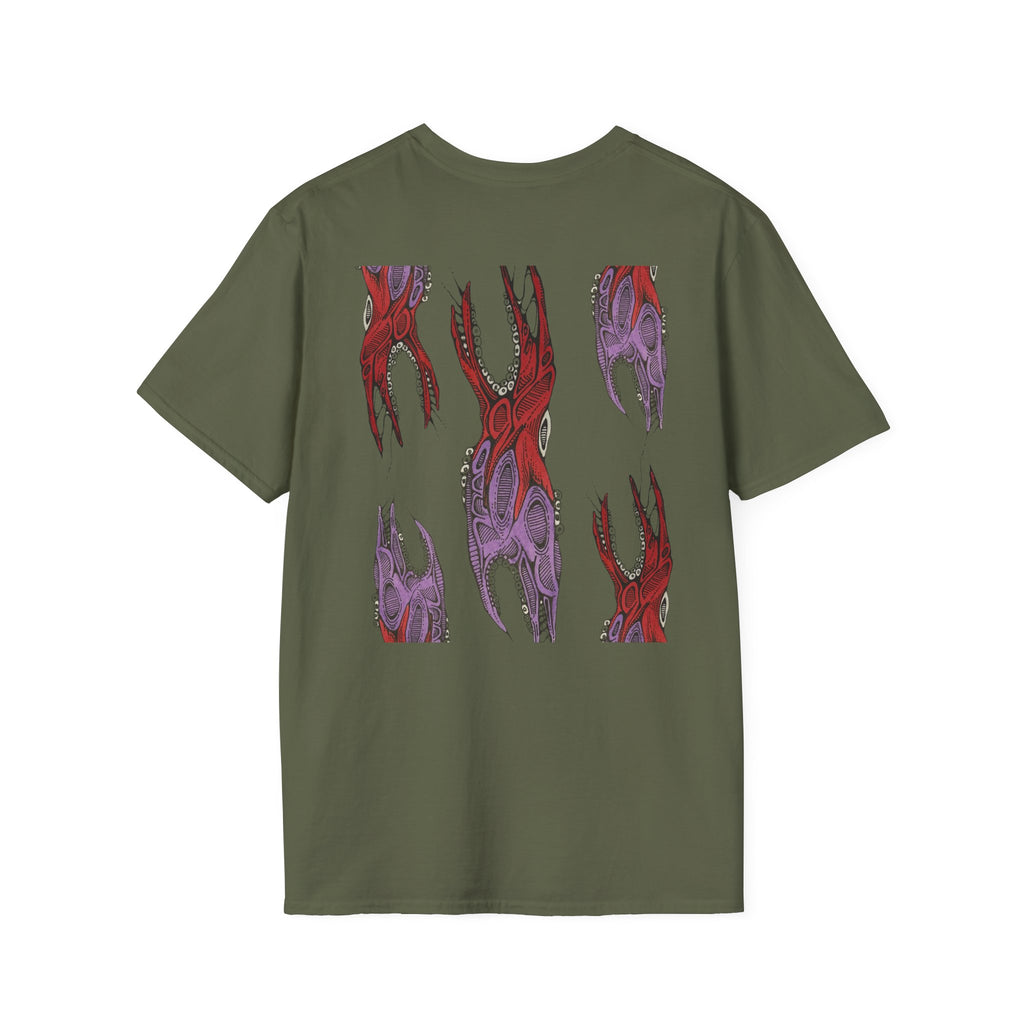 Skull Hands Graphic T-Shirt — Red & Purple Horror Art Tee