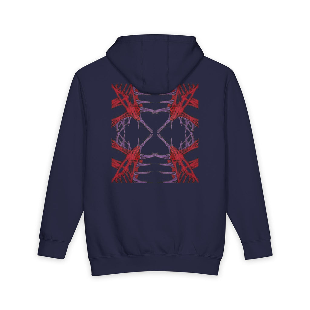 Abstract Red & Navy Geometric Hoodie — Modern Symmetry Pullover