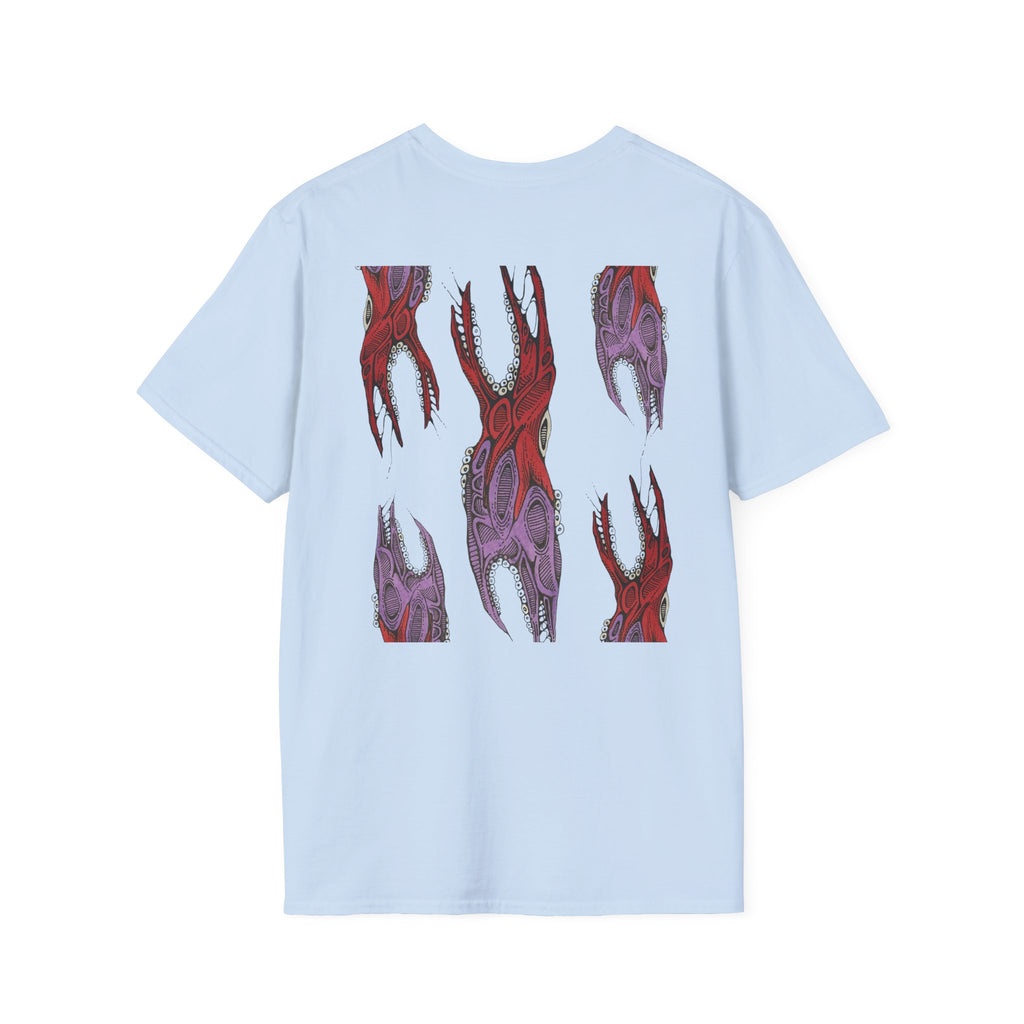 Skull Hands Graphic T-Shirt — Red & Purple Horror Art Tee