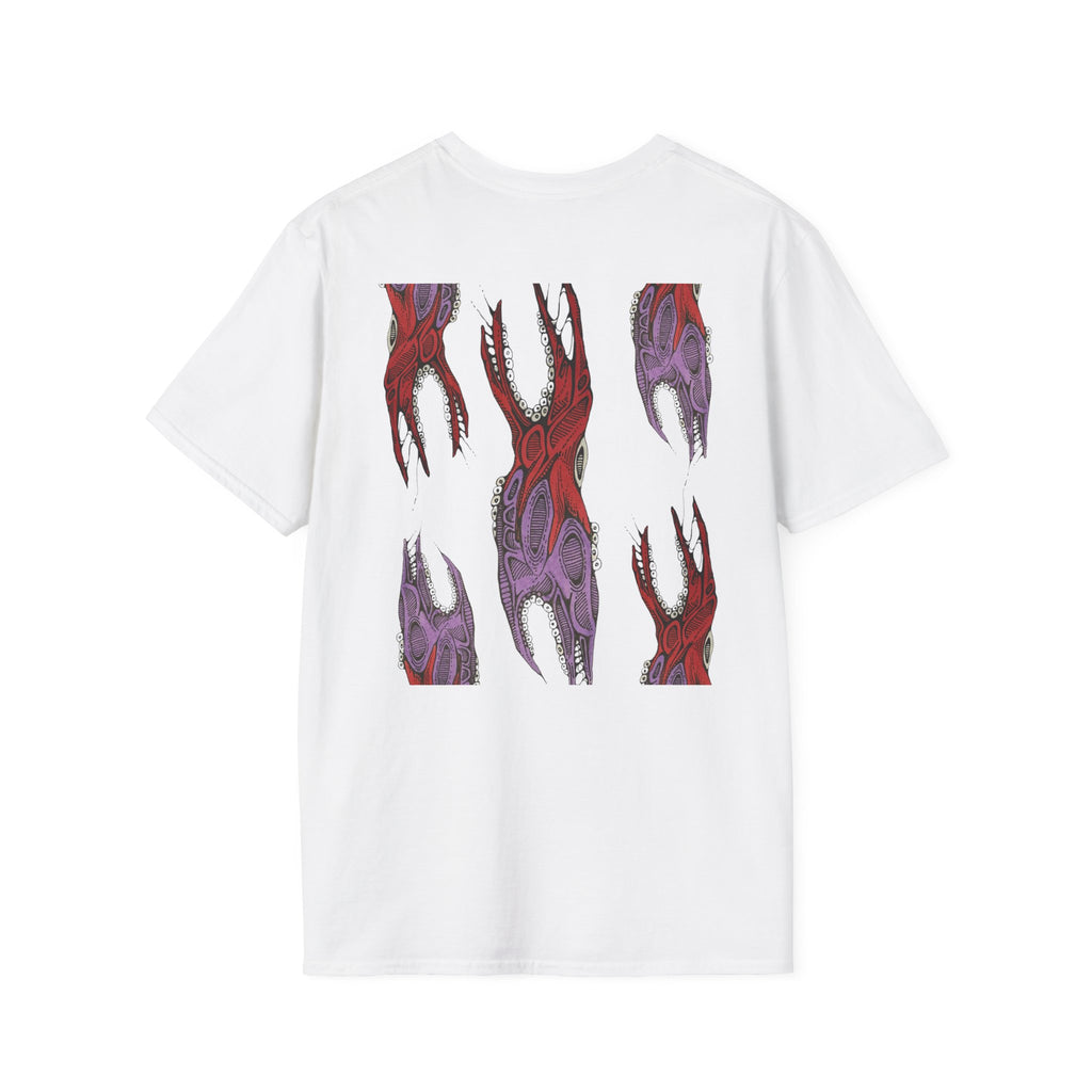 Skull Hands Graphic T-Shirt — Red & Purple Horror Art Tee